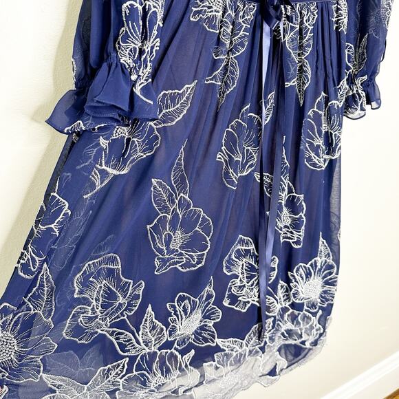 Marchesa Notte Floral Midi Dress Embroidered Long-Sleeve Tulle Navy Blue Size 6 - Picture 7 of 11